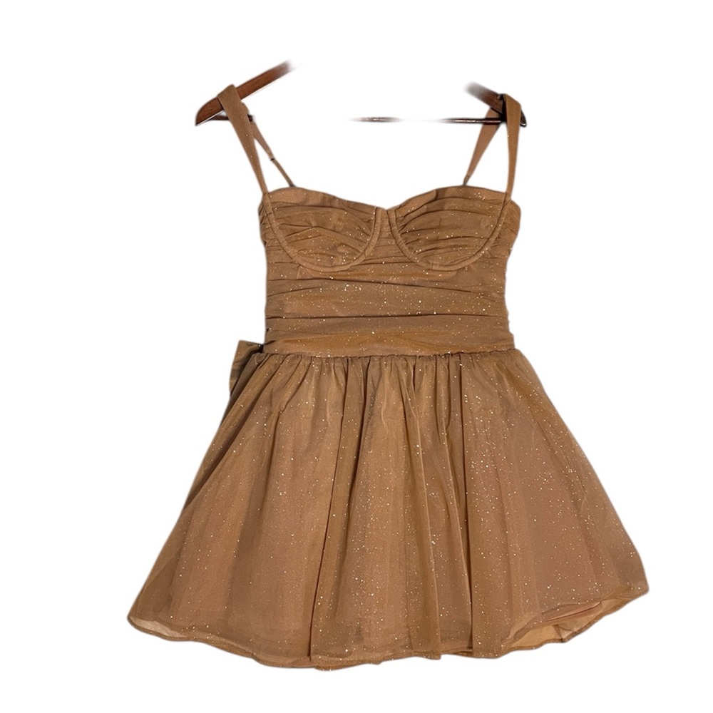 Babyboo Polly Gold Sparkle Ruched Bustier Mini Dress Statement Bow Size M Flawed